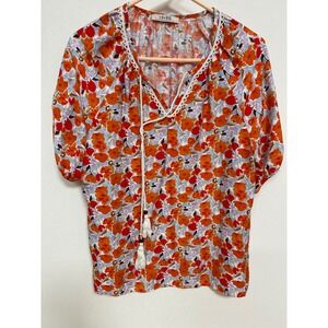 Vivilli Floral Peasant Blouse Orange Blue Tassel Tie Crochet Trim Top Size M